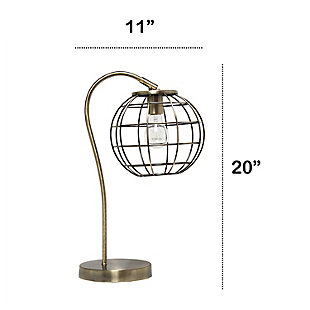 Illuminate your living space with this retro industrial table lamp! It features a beautiful polished antique brass finish and an attractive round metal cage shade. Standing 20 inches tall, it's the perfect piece to accent your office, bedroom, foyer or living room! **HELPFUL TIP: To get the complete industrial look, we recommend using a decorative Edison/Vintage bulb (not included). **Round metal cage shade | Polished antique brass finish | 1 x 60w type a base bulb (not included) required | 5 foot black cord | Industrial style | Easily accessible on/off switch on cord