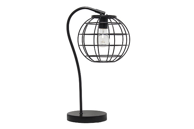 Illuminate your living space with this retro industrial table lamp!  It features a beautiful matte black finish and an attractive round metal cage shade.  Standing 20 inches tall, it's the perfect piece to accent your office, bedroom, foyer or living room!

**HELPFUL TIP: To get the complete industrial look, we recommend using a decorative Edison/Vintage bulb (not included). **Round metal cage shade | Black matte finish | 1 x 60w medium type a base bulb (not included) required | 5 foot black cord | Industrial style | Easily accessible on/off switch on cord