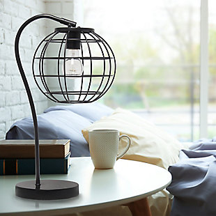 Illuminate your living space with this retro industrial table lamp!  It features a beautiful matte black finish and an attractive round metal cage shade.  Standing 20 inches tall, it's the perfect piece to accent your office, bedroom, foyer or living room!

**HELPFUL TIP: To get the complete industrial look, we recommend using a decorative Edison/Vintage bulb (not included). **Round metal cage shade | Black matte finish | 1 x 60w medium type a base bulb (not included) required | 5 foot black cord | Industrial style | Easily accessible on/off switch on cord