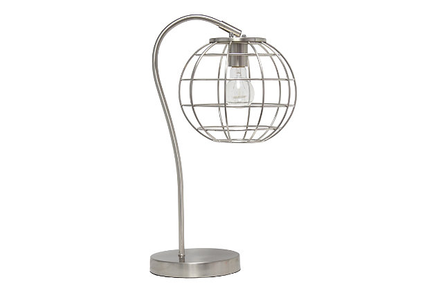 Illuminate your living space with this retro industrial table lamp!  It features a beautiful polished brushed nickel finish and an attractive round metal cage shade.  Standing 20 inches tall, it's the perfect piece to accent your office, bedroom, foyer or living room!

**HELPFUL TIP: To get the complete industrial look, we recommend using a decorative Edison/Vintage bulb (not included). **Round metal cage shade | Polished brushed nickel finish | 1 x 60w medium type a base bulb (not included) required | 5 foot clear cord | Industrial style | Easily accessible on/off switch on cord