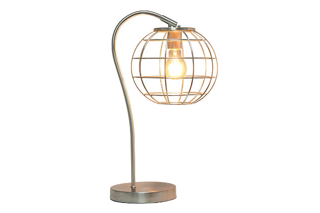 Illuminate your living space with this retro industrial table lamp!  It features a beautiful polished brushed nickel finish and an attractive round metal cage shade.  Standing 20 inches tall, it's the perfect piece to accent your office, bedroom, foyer or living room!

**HELPFUL TIP: To get the complete industrial look, we recommend using a decorative Edison/Vintage bulb (not included). **Round metal cage shade | Polished brushed nickel finish | 1 x 60w medium type a base bulb (not included) required | 5 foot clear cord | Industrial style | Easily accessible on/off switch on cord