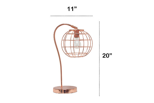 Illuminate your living space with this retro industrial table lamp!  It features a beautiful polished rose gold finish and an attractive round metal cage shade.  Standing 20 inches tall, it's the perfect piece to accent your office, bedroom, foyer or living room!

**HELPFUL TIP: To get the complete industrial look, we recommend using a decorative Edison/Vintage bulb (not included). **Round metal cage shade | Polished rose gold finish | 1 x 60w medium type a base bulb (not included) required | 5 foot clear cord | Industrial style | Easily accessible on/off switch on cord