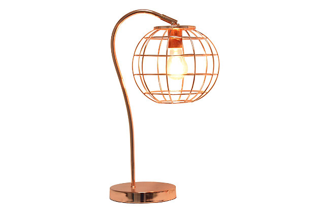 Illuminate your living space with this retro industrial table lamp!  It features a beautiful polished rose gold finish and an attractive round metal cage shade.  Standing 20 inches tall, it's the perfect piece to accent your office, bedroom, foyer or living room!

**HELPFUL TIP: To get the complete industrial look, we recommend using a decorative Edison/Vintage bulb (not included). **Round metal cage shade | Polished rose gold finish | 1 x 60w medium type a base bulb (not included) required | 5 foot clear cord | Industrial style | Easily accessible on/off switch on cord