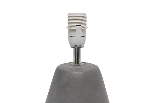 The perfect table lamp for an easy upgrade to give your home a sophisticated modern look!  Simple yet stylish, this table lamp features a cone like gray concrete base complimented by a gray fabric shade.  Ideal for your living room, bedroom, office or entryway.Gray concrete base | Gray fabric drum shade | Easily accessible rotary switch on cord | Uses 1 x 40w type b candelabra base bulb (not included) | Lamp measures l: 9" x w: 9" x h:14.20" | Sophisticated & modern