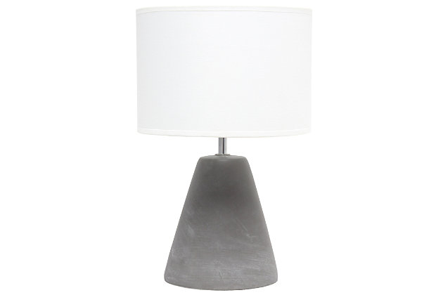 The perfect table lamp for an easy upgrade to give your home a sophisticated modern look!  Simple yet stylish, this table lamp features a cone like gray concrete base complimented by a white fabric shade.  Ideal for your living room, bedroom, office or entryway.Gray concrete base | White fabric drum shade | Easily accessible rotary switch on cord | Uses 1 x 40w type b candelabra base bulb (not included) | Lamp measures l: 9" x w: 9" x h:14.20" | Sophisticated & modern