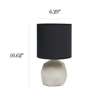 This mini lamp features a gray concrete geometric base and a black fabric shade.  A lovely, inexpensive, and practical table lamp to brighten up your space in style!  Perfect for living room, bedroom, office, kids room, or college dorm!Gray concrete base | Black fabric drum shade | Easily accessible rotary switch on cord | Uses 1 x 40w type b candelabra base bulb (not included) | Lamp measures l: 6.30" x w: 6.30" x h:10.60" | Lamp is a mini lamp- please see details for height