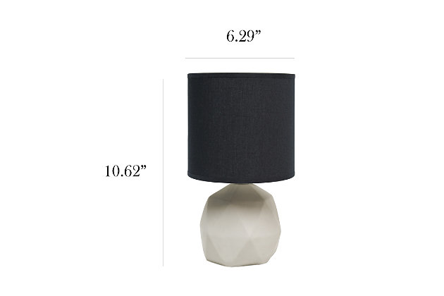 This mini lamp features a gray concrete geometric base and a black fabric shade.  A lovely, inexpensive, and practical table lamp to brighten up your space in style!  Perfect for living room, bedroom, office, kids room, or college dorm!Gray concrete base | Black fabric drum shade | Easily accessible rotary switch on cord | Uses 1 x 40w type b candelabra base bulb (not included) | Lamp measures l: 6.30" x w: 6.30" x h:10.60" | Lamp is a mini lamp- please see details for height