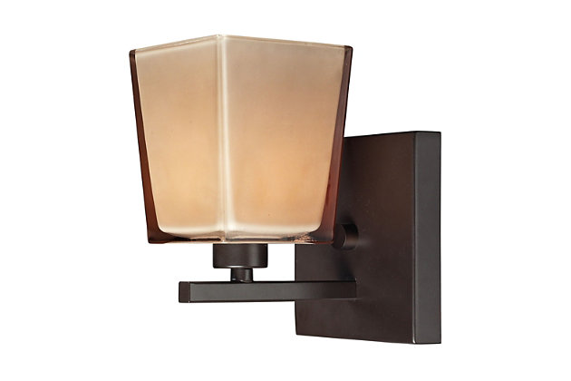Introduce a soft glow to your decor with the Serentiy 1-light bath vanity fixture. Its oiled bronze metal finish pairs with the rectangular tan glass shade for a casual, relaxed look. The glass shade can be mounted up or down, depending on the look you want and where you need the light the most.Made of metal in bronze-tone finish | Tan glass shade | G9 bulb (not included); 60-watt max | Uplit or downlit positioning | Indoor use only | Hardwired; professional installation recommended | Clean with a soft, dry cloth