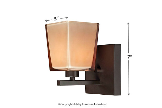 Introduce a soft glow to your decor with the Serentiy 1-light bath vanity fixture. Its oiled bronze metal finish pairs with the rectangular tan glass shade for a casual, relaxed look. The glass shade can be mounted up or down, depending on the look you want and where you need the light the most.Made of metal in bronze-tone finish | Tan glass shade | G9 bulb (not included); 60-watt max | Uplit or downlit positioning | Indoor use only | Hardwired; professional installation recommended | Clean with a soft, dry cloth