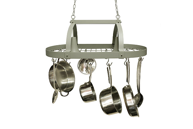 Update your kitchen in style with this industrial look two light pot rack fixture featuring a Slate Gray finish. Make your pots and utensils easily accessible in a stylish way with this traditional design, as well as extra lighting for your every day tasks. Comes with 2 chains (each measures 36"), 2  feet of cord (from top of fixture) and 10 hooks. Fixture requires two 60-Watt Type A standard medium base incandescent bulbs (not included).Slate gray finish | Requires two 60-watt type a standard  medium base incandescent bulbs (not included) | Product dimensions: l: 35.50" x w: 19.25" x h: 13.50" | 2 chains. Each chain measures 3 feet | Includes 10 hooks and installation hardware | L: 35.70" x w: 18.80" x h: 13.40" (rack only, not including chains).