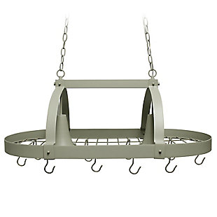 Update your kitchen in style with this industrial look two light pot rack fixture featuring a Slate Gray finish. Make your pots and utensils easily accessible in a stylish way with this traditional design, as well as extra lighting for your every day tasks. Comes with 2 chains (each measures 36"), 2  feet of cord (from top of fixture) and 10 hooks. Fixture requires two 60-Watt Type A standard medium base incandescent bulbs (not included).Slate gray finish | Requires two 60-watt type a standard  medium base incandescent bulbs (not included) | Product dimensions: l: 35.50" x w: 19.25" x h: 13.50" | 2 chains. Each chain measures 3 feet | Includes 10 hooks and installation hardware | L: 35.70" x w: 18.80" x h: 13.40" (rack only, not including chains).