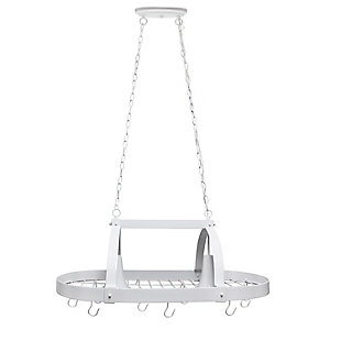 Update your kitchen in style with this industrial look two light pot rack fixture featuring a White finish. Make your pots and utensils easily accessible in a stylish way with this traditional design, as well as extra lighting for your every day tasks. Comes with 2 chains (each measures 36"), 2  feet of cord (from top of fixture) and 10 hooks. Fixture requires two 60-Watt Type A standard medium base incandescent bulbs (not included).White finish | Requires two 60-watt type a standard  medium base incandescent bulbs (not included) | Product dimensions: l: 35.50" x w: 19.25" x h: 13.50" | 2 chains. Each chain measures 3 feet | Includes 10 hooks and installation hardware | L: 35.70" x w: 18.80" x h: 13.40" (rack only, not including chains).
