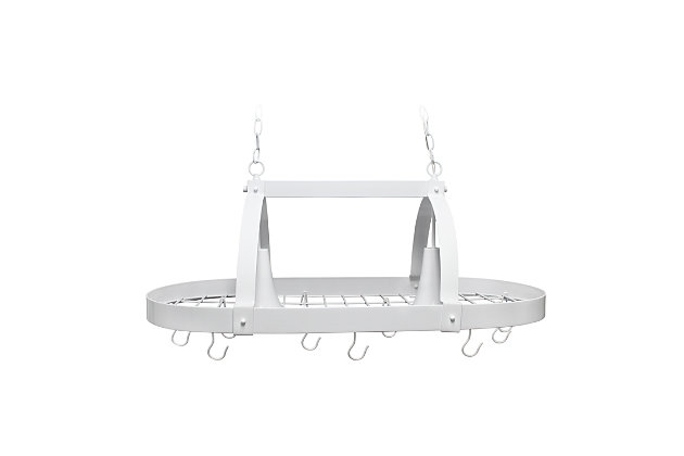 Update your kitchen in style with this industrial look two light pot rack fixture featuring a White finish. Make your pots and utensils easily accessible in a stylish way with this traditional design, as well as extra lighting for your every day tasks. Comes with 2 chains (each measures 36"), 2  feet of cord (from top of fixture) and 10 hooks. Fixture requires two 60-Watt Type A standard medium base incandescent bulbs (not included).White finish | Requires two 60-watt type a standard  medium base incandescent bulbs (not included) | Product dimensions: l: 35.50" x w: 19.25" x h: 13.50" | 2 chains. Each chain measures 3 feet | Includes 10 hooks and installation hardware | L: 35.70" x w: 18.80" x h: 13.40" (rack only, not including chains).