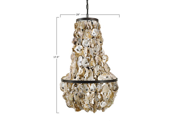 Draped in oyster shells of different shades and shapes, this chandelier screams Ocean Front and will be the focal point of whatever area it consumes.  Pair it with nautical stripes and other prints to enhance its deep-sea theme.  It is 29 inches high.Made with oyster shells & metal | Maximum 60 watt lightbulb (not included) | Hard wire only | 17.5"l x 17.5"w x 29"h | Cord is 40 inches long | Chain is 20 inches long