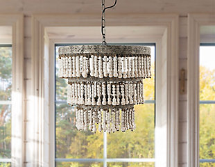 Creative Co-Op 3-tier Round Metal Chandelier With 3 Lights And Hanging Wood Beads, , rollover