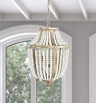 Creative Co-Op Metal Chandelier With Wood Beads, White, rollover