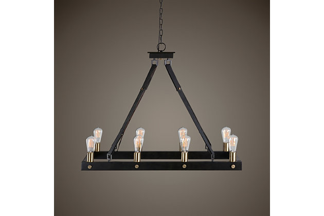 Dark weathered bronze-tone metal suspended on leather straps gives this eight light chandelier a rugged industrial look, compelling enough to define any space.Made of metal and leather | Dark antiqued bronze-tone finish and weathered bronze-tone finish with leather straps | Uttermost's light fixtures combine premium quality materials with unique high-style design | With advanced product engineering and packaging reinforcement, uttermost maintains some of the lowest damage rates in the industry.  each product is designed, manufactured and packaged with shipping in mind. | 60W, TYPE A, E27; antique style 8-60watt bt58 bulbs included | Hardwired; professional installation recommended