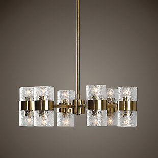 Our  twelve-light chandelier has strong art deco roots, featuring antiqued brass-tone finish and thick textured clear glass cylinder shades. A statement piece that will elevate many of today's styles.Made of iron and glass | Antiqued brass-tone finish with heavy textured clear glass | Uttermost's chandeliers combine premium quality materials with unique high-style design | With advanced product engineering and packaging reinforcement, uttermost maintains some of the lowest damage rates in the industry.  each product is designed, manufactured and packaged with shipping in mind. | 60W, TYPE G45 or G14 or G16 ½, E27;  Includes twelve 60w clear g45 decorative bulbs | Hardwired; professional installation recommended