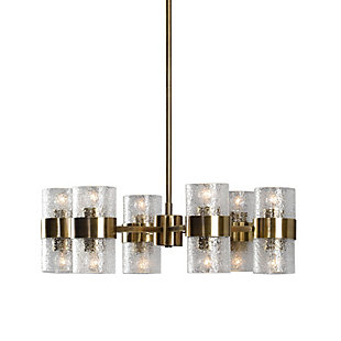 Our  twelve-light chandelier has strong art deco roots, featuring antiqued brass-tone finish and thick textured clear glass cylinder shades. A statement piece that will elevate many of today's styles.Made of iron and glass | Antiqued brass-tone finish with heavy textured clear glass | Uttermost's chandeliers combine premium quality materials with unique high-style design | With advanced product engineering and packaging reinforcement, uttermost maintains some of the lowest damage rates in the industry.  each product is designed, manufactured and packaged with shipping in mind. | 60W, TYPE G45 or G14 or G16 ½, E27;  Includes twelve 60w clear g45 decorative bulbs | Hardwired; professional installation recommended