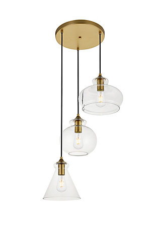 Living District Destry 3 Lights Brass Pendant With Clear Glass, Brass/Clear, large