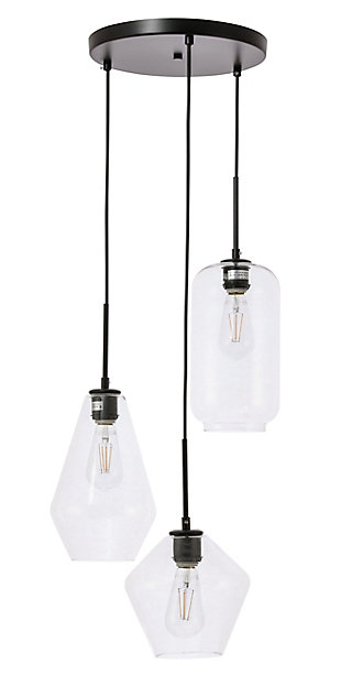Living District Gene 3 Light Black And Clear Glass Pendant, Black/Clear, large