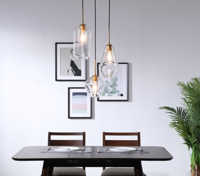 Living District Gene 3 Light Brass And Clear Glass Pendant, Brass/Clear, rollover