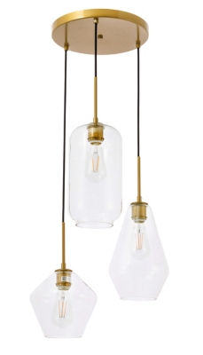 Living District Gene 3 Light Brass And Clear Glass Pendant, Brass/Clear, large