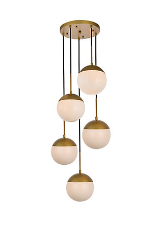 Living District Eclipse 5 Lights Brass Pendant With Frosted White Glass, Brass/Frosted White, large