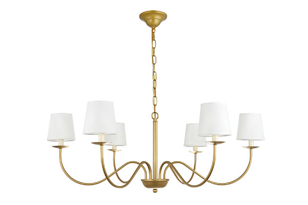 The Eclipse Collections recalls the beautiful past with this charming, and just ever so slightly drama inducing, candle-style chandelier. With six undulating arms that proudly hold up the bright lights, it is as if you are transported into a world of constant debutante balls and society gatherings--even if you really are just hosting a friendly dinner or reading your favorite novel after work. Available in a brass or black finish, you can enjoy the recollections of the past while still enjoying the simple luxuries of your modern day home (light bulbs not included).Minimalistic, yet classic chandelier style | Hardware finish in brass 
 | White linen shade | 6 lights that illuminate upwards ; dimmable | Fixture material: metal and fabric | suspended from a canopy with an adjustable chain | Light bulb type: LED E12 (not included)