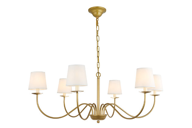 The Eclipse Collections recalls the beautiful past with this charming, and just ever so slightly drama inducing, candle-style chandelier. With six undulating arms that proudly hold up the bright lights, it is as if you are transported into a world of constant debutante balls and society gatherings--even if you really are just hosting a friendly dinner or reading your favorite novel after work. Available in a brass or black finish, you can enjoy the recollections of the past while still enjoying the simple luxuries of your modern day home (light bulbs not included).Minimalistic, yet classic chandelier style | Hardware finish in brass 
 | White linen shade | 6 lights that illuminate upwards ; dimmable | Fixture material: metal and fabric | suspended from a canopy with an adjustable chain | Light bulb type: LED E12 (not included)