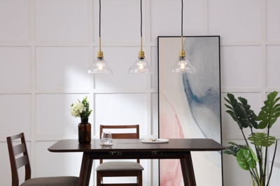 Living District Clive 3 Light Brass And Clear Seeded Glass Pendant, Brass/Clear, rollover