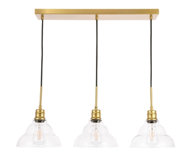 Living District Clive 3 Light Brass And Clear Seeded Glass Pendant, Brass/Clear, large
