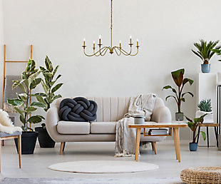 When you need a chandelier to brighten and accentuate a space without visually overpowering it, look to the clean, airy silhouette of the Rohan model. This tastefully simple fixture is Noteworthy for its understated beauty in a relatively large 48 inch span, with six gracefully undulating arms reaching wide to support petite bobèches and candelabra-style stems (bulbs Not included).Satin brass finish | Comes with a 5 feet chain, adjustable from 25.5 inches high to 83.5 inches high | Requires 6 e12 candelabra base max 40 watt bulbs - not included | Works with any dimmer switch | No assembly is required | Perfect for over your dining table, bedroom, or in the foyer | For indoor applicaiton