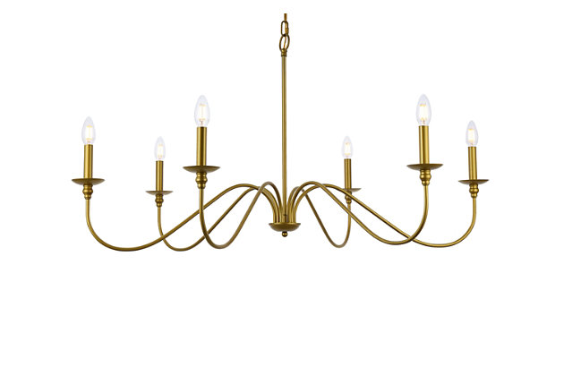 When you need a chandelier to brighten and accentuate a space without visually overpowering it, look to the clean, airy silhouette of the Rohan model. This tastefully simple fixture is Noteworthy for its understated beauty in a relatively large 48 inch span, with six gracefully undulating arms reaching wide to support petite bobèches and candelabra-style stems (bulbs Not included).Satin brass finish | Comes with a 5 feet chain, adjustable from 25.5 inches high to 83.5 inches high | Requires 6 e12 candelabra base max 40 watt bulbs - not included | Works with any dimmer switch | No assembly is required | Perfect for over your dining table, bedroom, or in the foyer | For indoor applicaiton