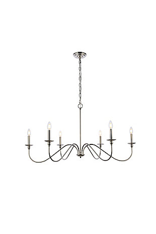 When you need a chandelier to brighten and accentuate a space without visually overpowering it, look to the clean, airy silhouette of the Rohan model. This tastefully simple fixture is Noteworthy for its understated beauty in a relatively large 48 inch span, with six gracefully undulating arms reaching wide to support petite bobèches and candelabra-style stems (bulbs Not included).Polished nickel finish | Comes with a 5 feet chain, adjustable from 25.5 inches high to 83.5 inches high | Requires 6 e12 candelabra base max 40 watt bulbs - not included | Works with any dimmer switch | No assembly is required | Perfect for over your dining table, bedroom, or in the foyer | For indoor applicaiton