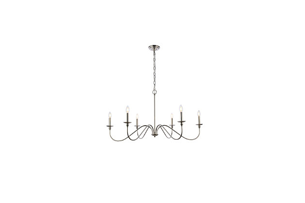 When you need a chandelier to brighten and accentuate a space without visually overpowering it, look to the clean, airy silhouette of the Rohan model. This tastefully simple fixture is Noteworthy for its understated beauty in a relatively large 48 inch span, with six gracefully undulating arms reaching wide to support petite bobèches and candelabra-style stems (bulbs Not included).Polished nickel finish | Comes with a 5 feet chain, adjustable from 25.5 inches high to 83.5 inches high | Requires 6 e12 candelabra base max 40 watt bulbs - not included | Works with any dimmer switch | No assembly is required | Perfect for over your dining table, bedroom, or in the foyer | For indoor applicaiton