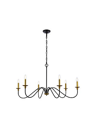 When you need a chandelier to brighten and accentuate a space without visually overpowering it, look to the clean, airy silhouette of the Rohan model. This tastefully simple fixture is Noteworthy for its understated beauty in a relatively large 48 inch span, with six gracefully undulating arms reaching wide to support petite bobèches and candelabra-style stems (bulbs Not included).Two-tone matte black and brass finish adds a trendy appeal | Comes with a 5 feet chain, adjustable from 25.5 inches high to 83.5 inches high | Requires 6 e12 candelabra base max 40 watt bulbs - not included | Works with any dimmer switch | No assembly is required | Perfect for over your dining table, bedroom, or in the foyer | For indoor applicaiton