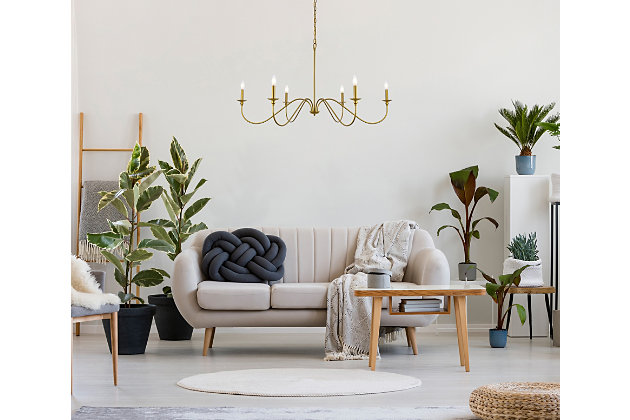 When you need a chandelier to brighten and accentuate a space without visually overpowering it, look to the clean, airy silhouette of the Rohan model. This tastefully simple fixture is Noteworthy for its understated beauty in a relatively large 48 inch span, with six gracefully undulating arms reaching wide to support petite bobèches and candelabra-style stems (bulbs Not included).satin brass finish |  comes with a 5 feet chain, adjustable from 25.5 inches high to 86.5 inches high | requires 6 E12 candelabra base max 40 watt bulbs - not included | works with any dimmer switch | no assembly is required | perfect for over your dining table, bedroom, or in the foyer | for indoor applicaiton