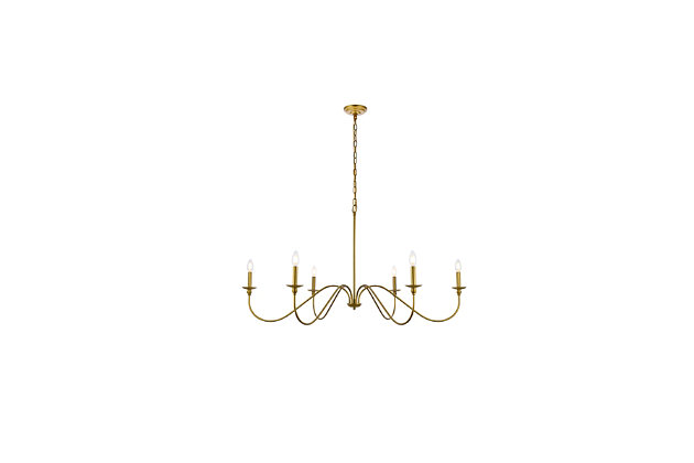 When you need a chandelier to brighten and accentuate a space without visually overpowering it, look to the clean, airy silhouette of the Rohan model. This tastefully simple fixture is Noteworthy for its understated beauty in a relatively large 48 inch span, with six gracefully undulating arms reaching wide to support petite bobèches and candelabra-style stems (bulbs Not included).satin brass finish |  comes with a 5 feet chain, adjustable from 25.5 inches high to 86.5 inches high | requires 6 E12 candelabra base max 40 watt bulbs - not included | works with any dimmer switch | no assembly is required | perfect for over your dining table, bedroom, or in the foyer | for indoor applicaiton