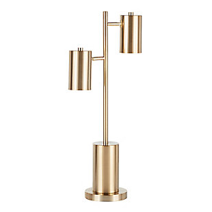 Brighten up a dark corner with the Cannes Table Lamp by LumiSource. The pedestal base features two individual can style lights, which can be used for task lighting or added ambiance. Each light is adjustable and is housed in a gold metal shade.Three-light tree construction | Multi-directional head tilt | Round metal base | In-line on/off switch