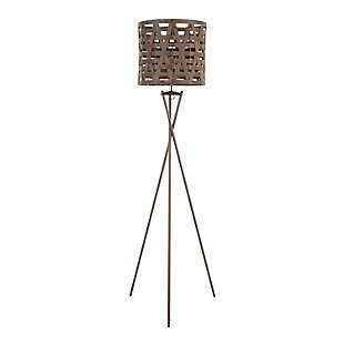Add a contemporary look to your space with the Corbin Floor Lamp by LumiSource. Featuring a sleek brown tripod design and a brown rattan plastic shade in a woven pattern. Use as a chic accent lighting to a studio or home workspace.Tripod design | Brown metal base | Brown rattan woven plastic shade | In-line foot switch