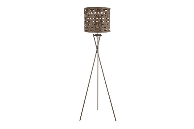 Add a contemporary look to your space with the Corbin Floor Lamp by LumiSource. Featuring a sleek brown tripod design and a brown rattan plastic shade in a woven pattern. Use as a chic accent lighting to a studio or home workspace.Tripod design | Brown metal base | Brown rattan woven plastic shade | In-line foot switch