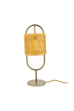 The sleek metal finish on this tabletop lamp compliments the round rattan shade and gives it a great industrial look. This is a beautiful piece that is sure to be a great addition to any space.Gunmetal finish with rattan shade | UL approved parts | Professional installation not required | Dust with dry cloth | Light bulb not included | Max of 40 Watt Bulb Recommended