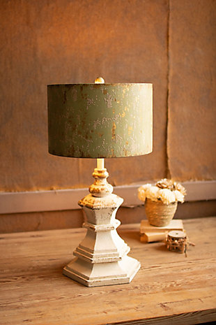 Kalalou Antique White Wood Table Lamp with Antique Green Metal Shade, , rollover
