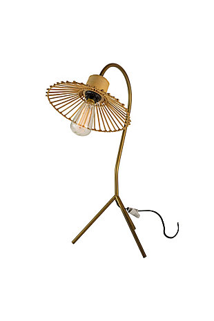 Kalalou Antique Brass Finish Table Lamp with Rattan Umbrella Shade, , large