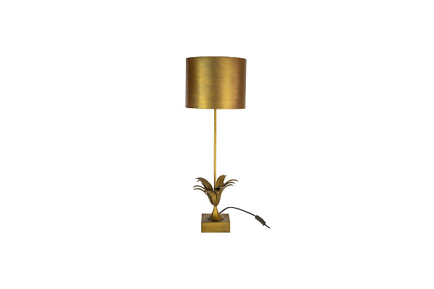 Graced by an antique gold finish, this vintage inspired table lamp with a leaf accent and metal shade exudes charm and character. Place this gorgeous lamp on a tabletop or mantle to add a spark of glamour.Antique gold finish | Ul approved parts | Professional installation not required | Dust with dry cloth | Light bulb not included | Max of 40 watt bulb recommended
