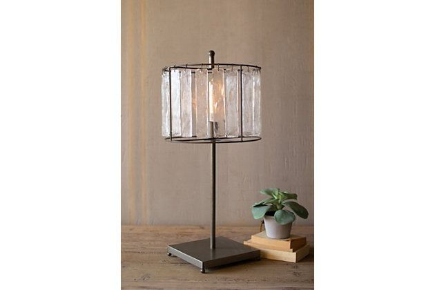 This unique industrial style lamp has a metal frame with ice-like crystal panels in each opening and will make the perfect finishing touch to your desk or nightstand.Gunmetal finish | Ul approved parts | Professional installation not required | Dust with dry cloth | Light bulb not included | Max of 40 watt bulb recommended
