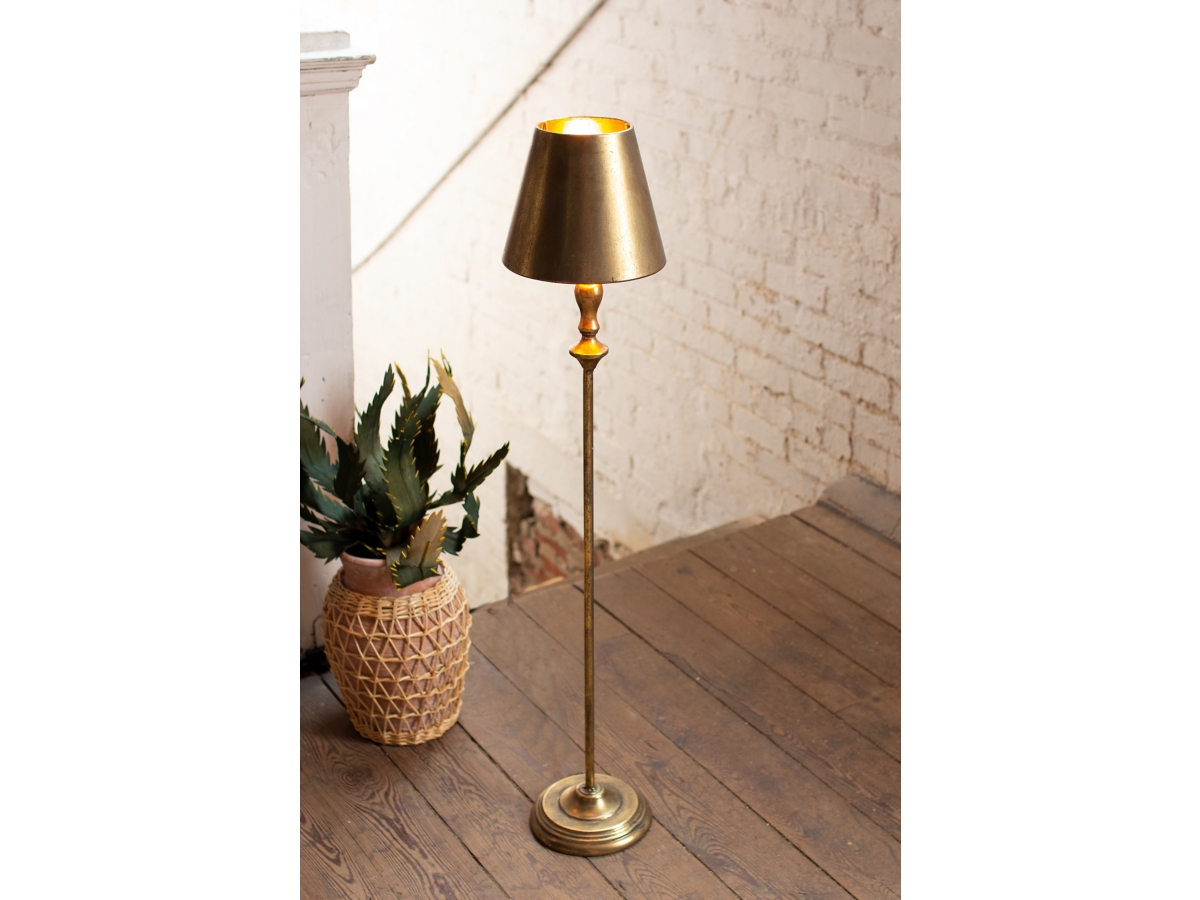 Antique Gold Floor Lamp With Fluted Black Metal Shade By Kalalou