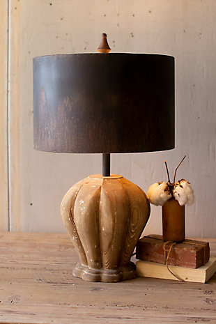 Kalalou Table Lamp with Natural Wooden Base and Dark Metal Barrel Shade, , rollover