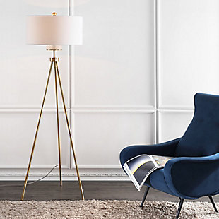 Add depth and dimension to any interior with this contemporary metal floor lamp. Its sleek tripod legs feature a radiant goldtone finish that adds opulent minimalist style to the living room or bedroom. Designers love the crisp, clean lines of its off-white shade.Goldtone finish | Tripod legs; off-white shade | Plug-in floor lamp; black cord | Includes 1 bulb: led, 9 watts | Assembly required
